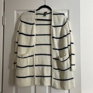 White and navy striped cardigan with pockets, size small